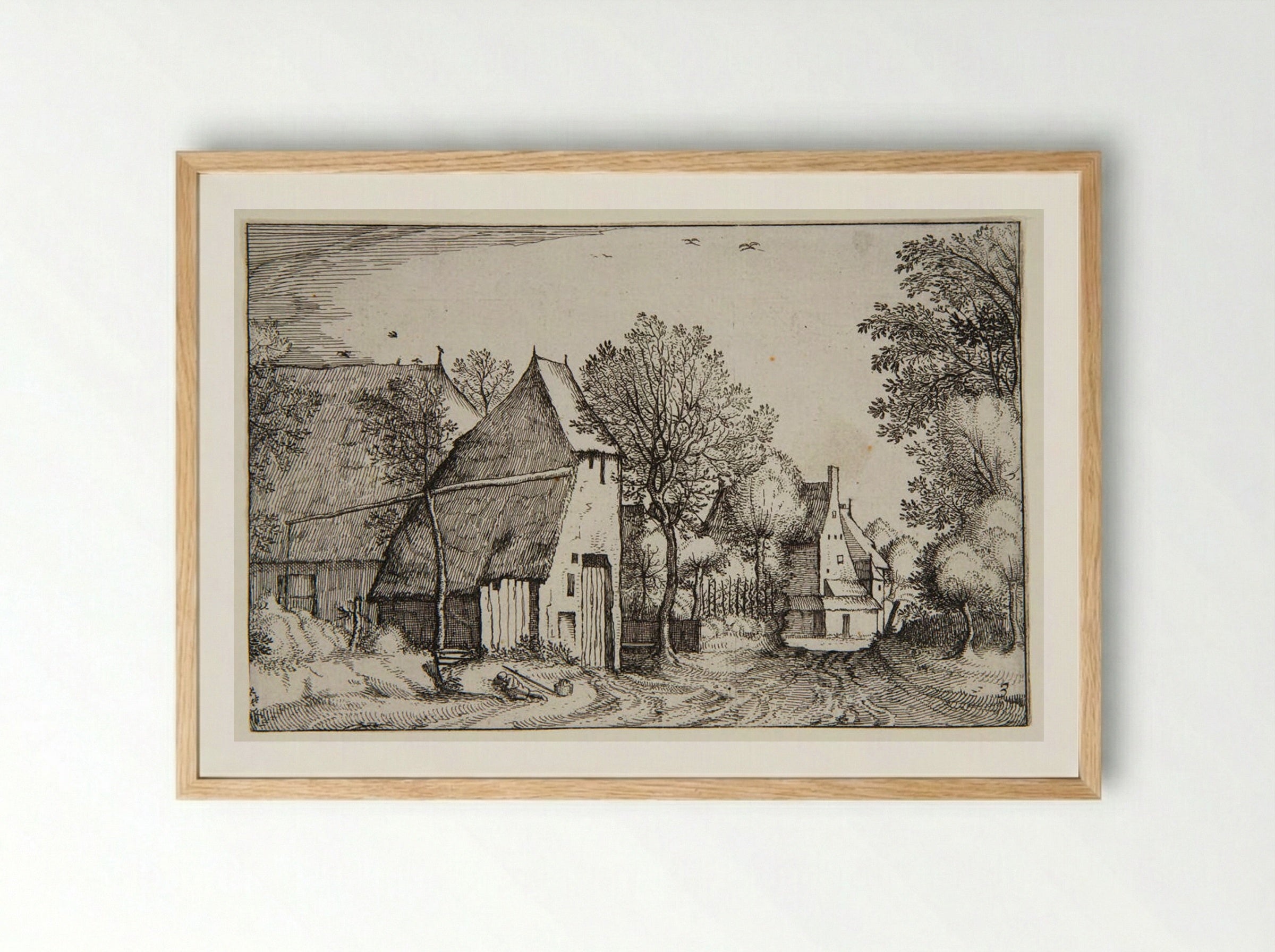 View of a Village with a Traveler Sleeping - Claes Jansz. Visscher - Framed Print Wood