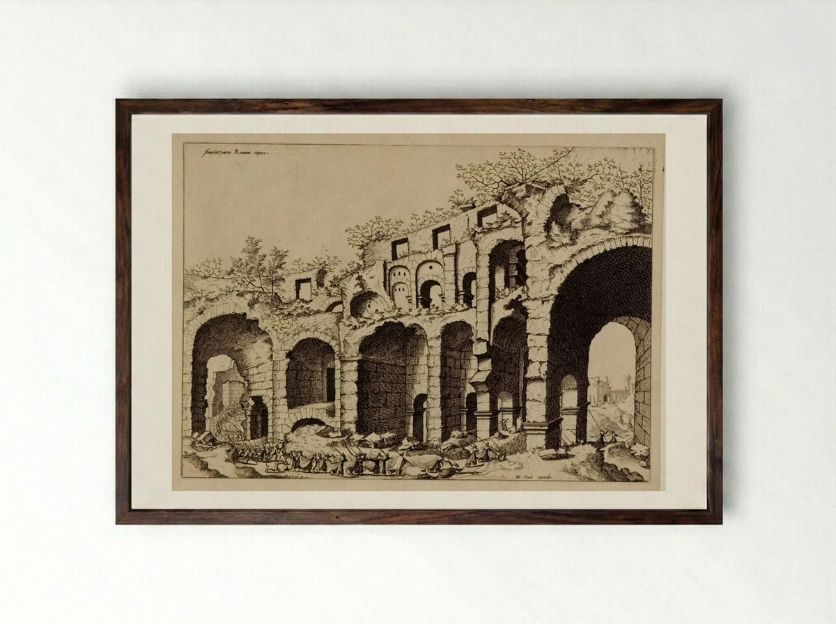 View of an Amphitheater, Probably the Colosseum - Hieronymus Cock - Framed Print Dark Wood