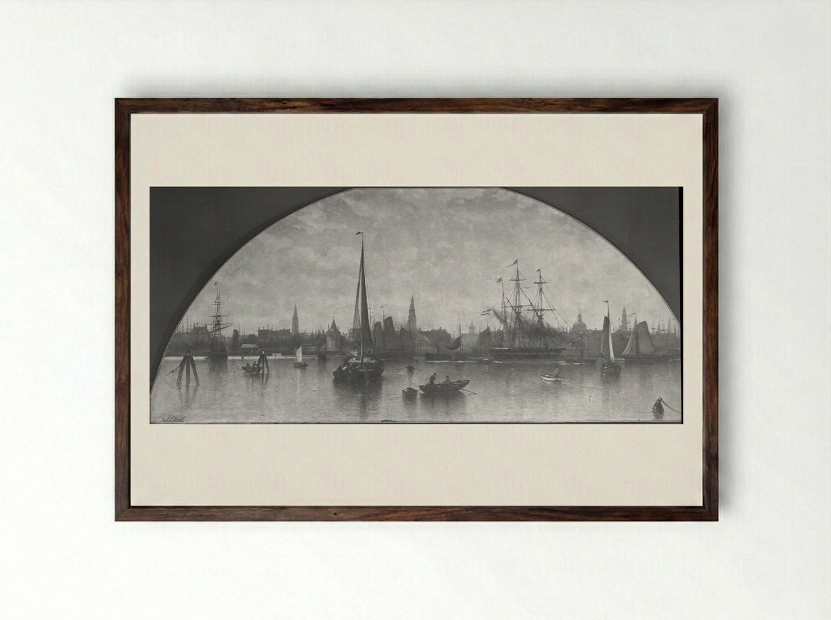 View of the Amsterdam Harbour - Johan Adolph Rust - Framed Print Dark Wood