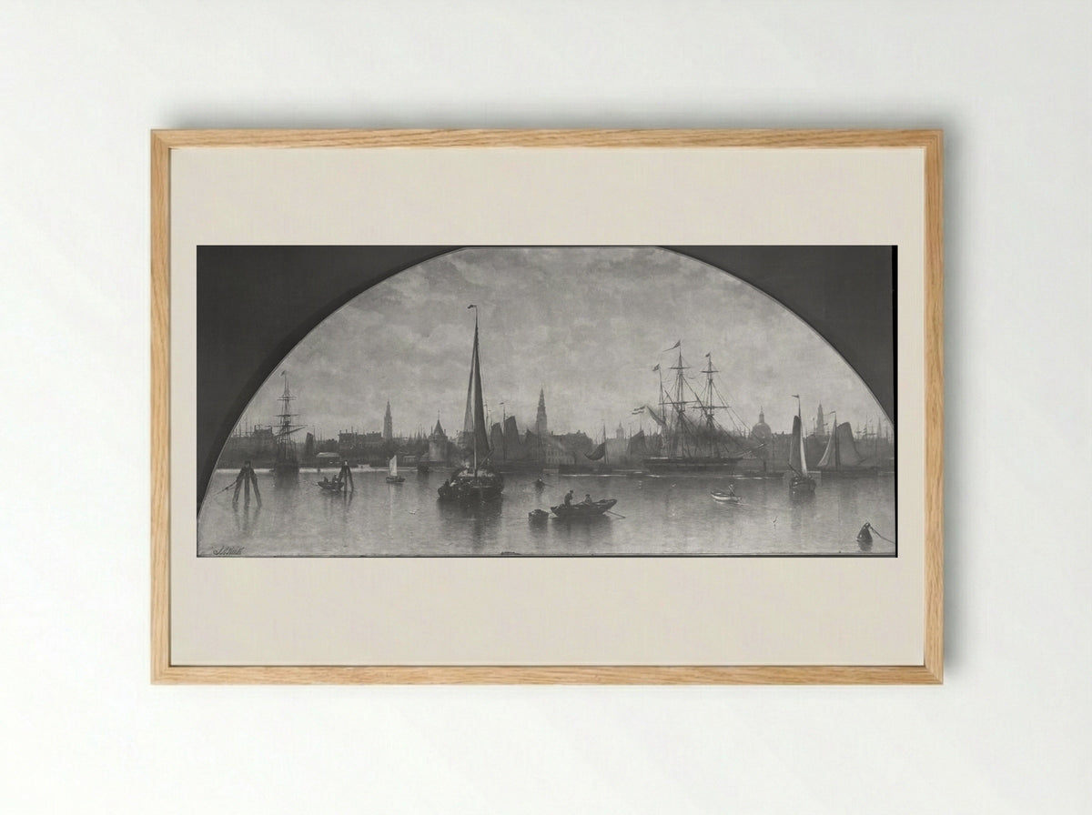 View of the Amsterdam Harbour - Johan Adolph Rust - Framed Print Wood
