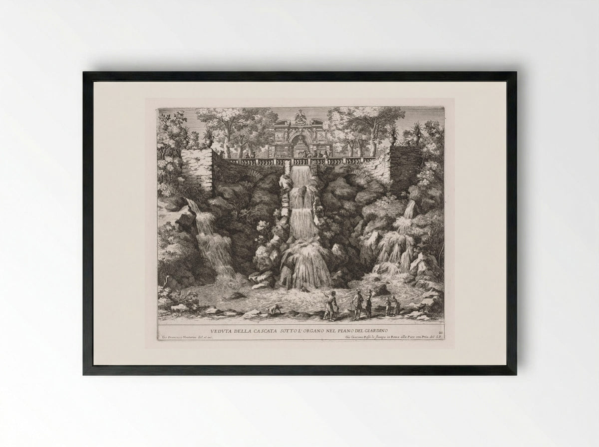 View of the Cascade below the Organ from the Garden - Giovanni Francesco Venturini - Framed Print Black