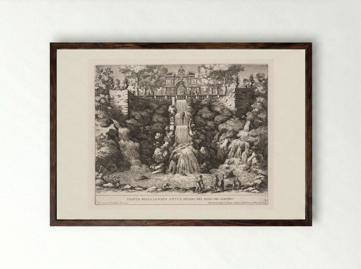 View of the Cascade below the Organ from the Garden - Giovanni Francesco Venturini - Framed Print Dark Wood