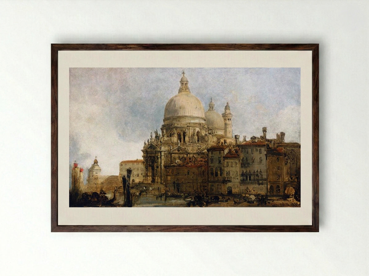 View of the Church of Santa Maria della Salute, on the Grand Canal, Venice, with the Dogana beyond - David Roberts - Framed Print Dark Wood