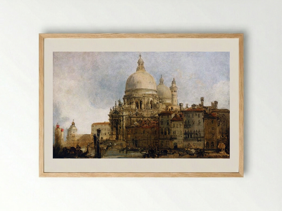 View of the Church of Santa Maria della Salute, on the Grand Canal, Venice, with the Dogana beyond - David Roberts - Framed Print Wood