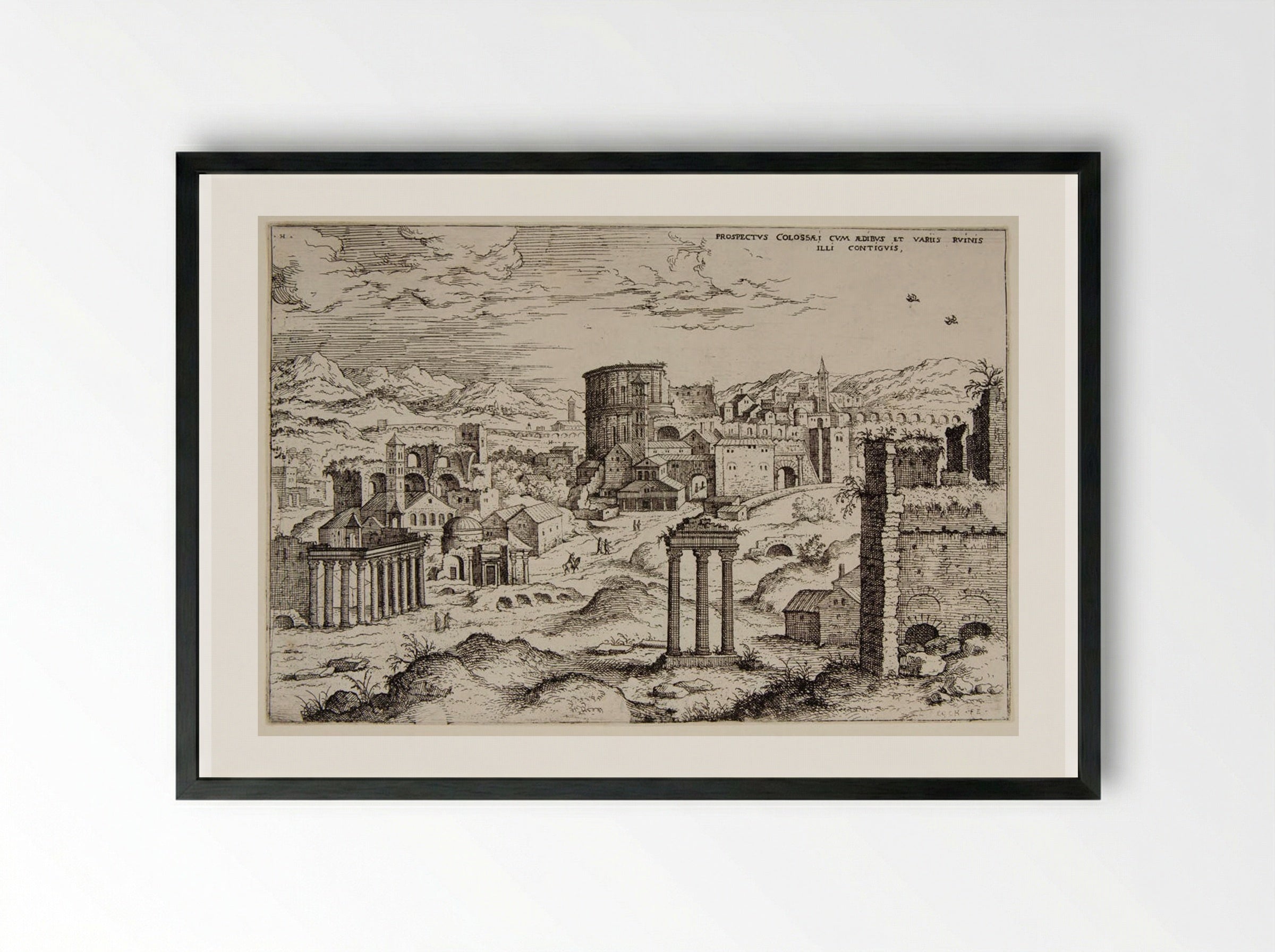 View of the Colosseum and Adjacent Ruins - Hieronymus Cock - Framed Print Black