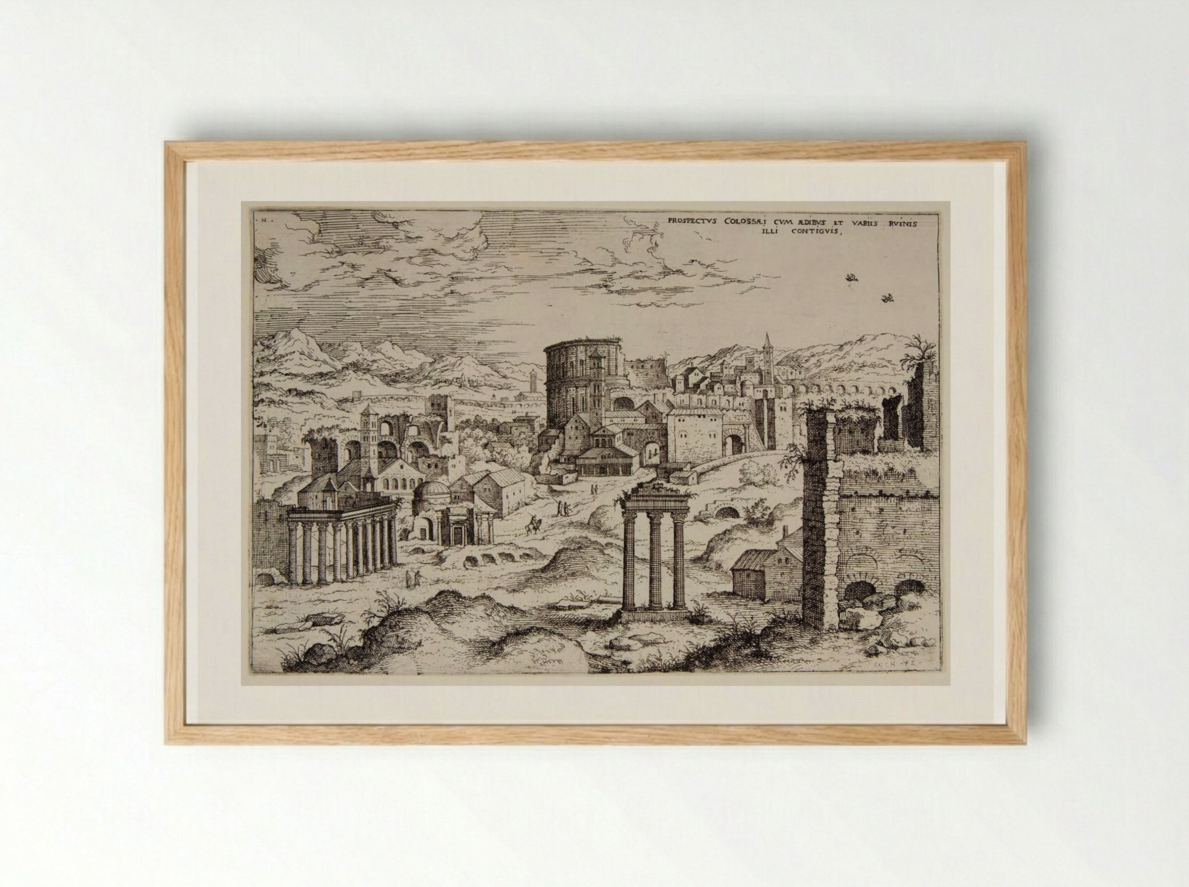View of the Colosseum and Adjacent Ruins - Hieronymus Cock - Framed Print Wood