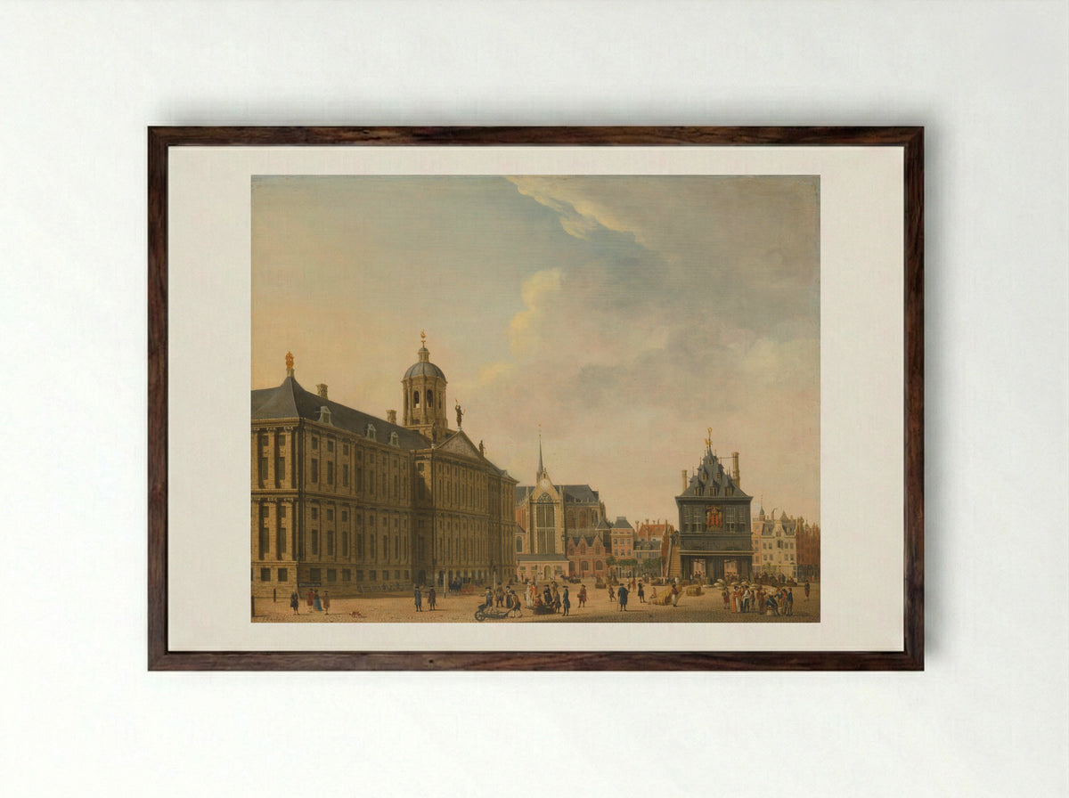 View of the Dam in Amsterdam - Jan Ekels the Elder - Framed Print Dark Wood