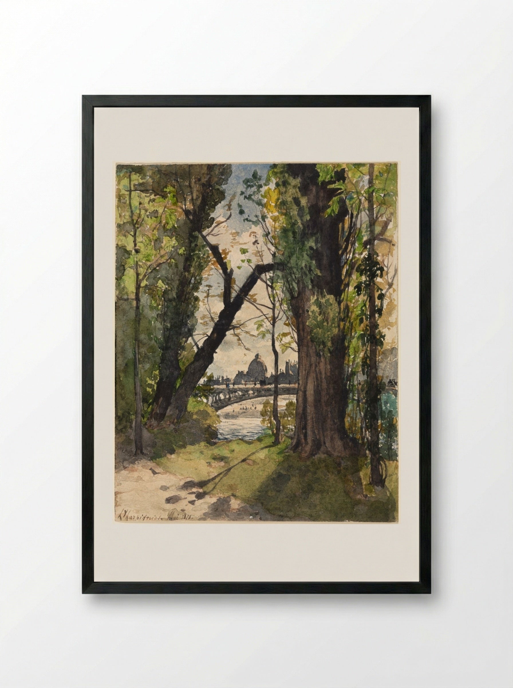 View of the Institut de France from the Foot of the Pont Royal - Henri Joseph Harpignies - Framed Print Black