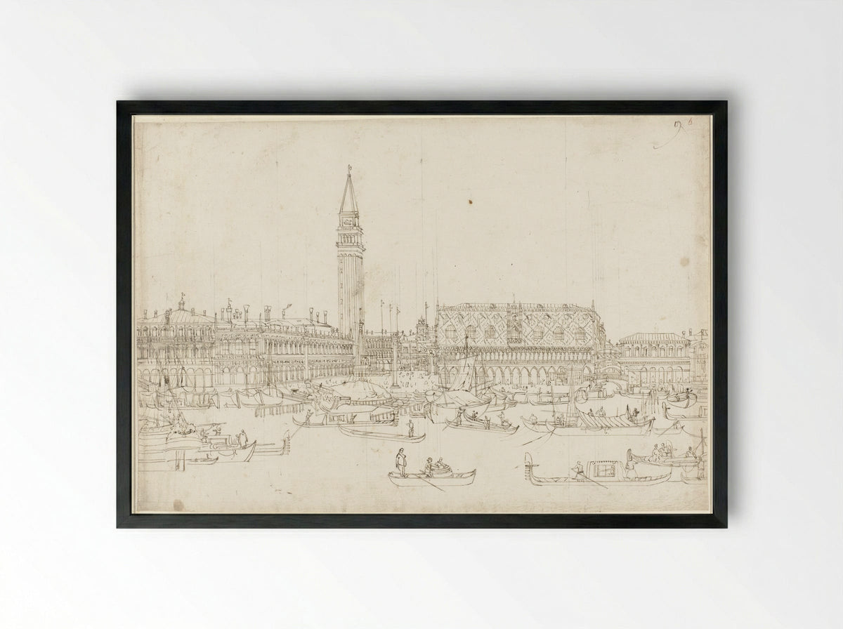 View of the Library, Campanile and Doge's Palace, Venice - Bernardo Bellotto - Framed Print Black