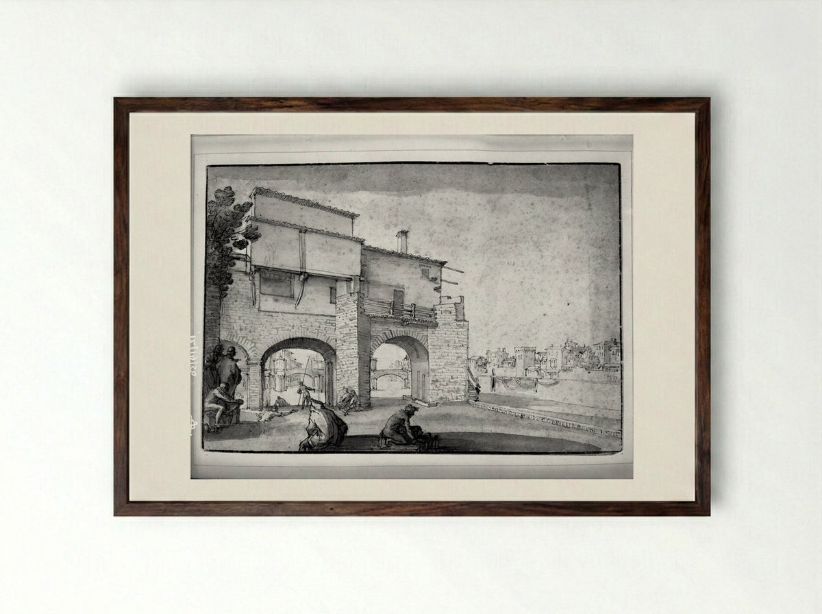 View of the Mill of the Vaga Loggia, Florence - Remigio Cantagallina - Framed Print Dark Wood