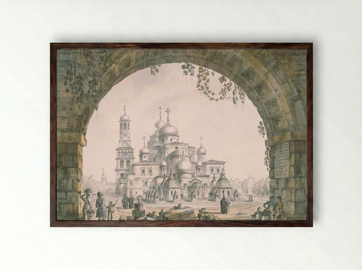 View of the New Jerusalem Monastery near Moscow - Giacomo Quarenghi - Framed Print Dark Wood