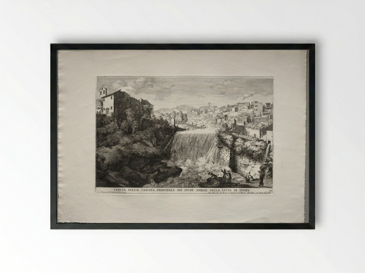View of the Principal Cascade of the River Aniene in the City of Tivoli - Giovanni Francesco Venturini - Framed Print Black