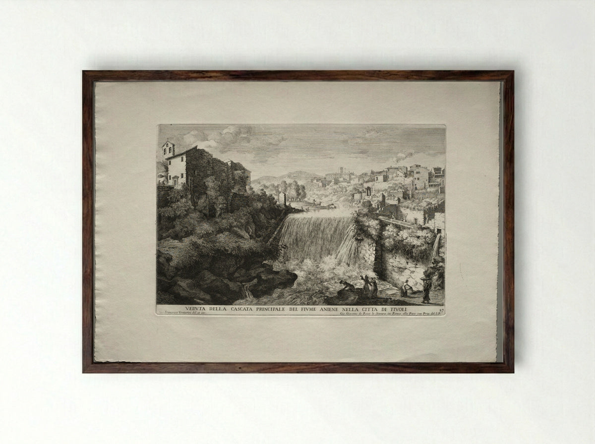 View of the Principal Cascade of the River Aniene in the City of Tivoli - Giovanni Francesco Venturini - Framed Print Dark Wood