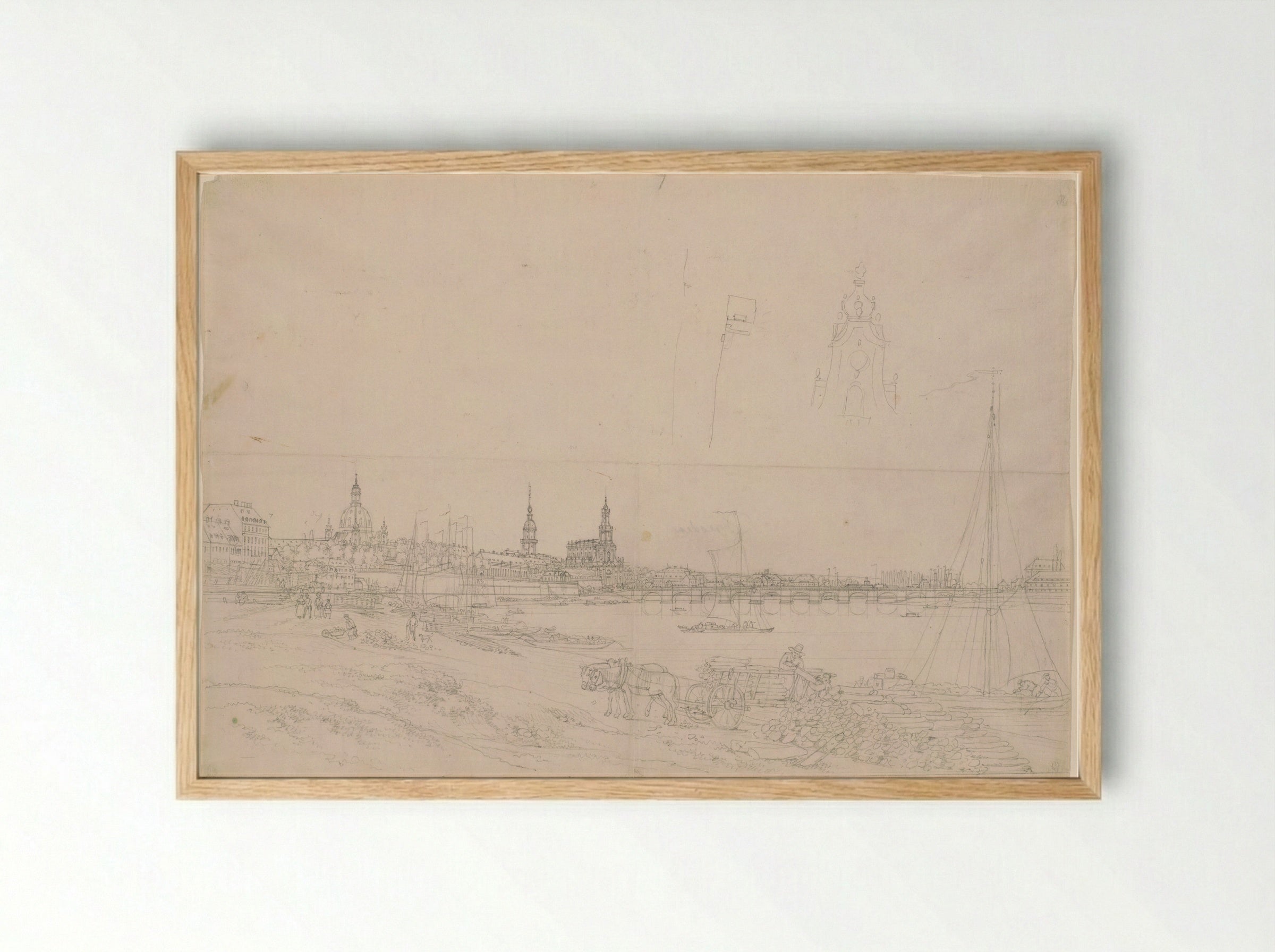 View of the Riverbank, the Frauenkirche, the Hofkirche, and the Augustus Bridge, Dresden - Adrian Ludwig Richter - Framed Print Wood