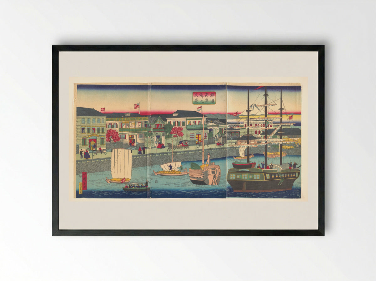 View of the Seafront in Yokohama - Utagawa Hiroshige III - Framed Print Black