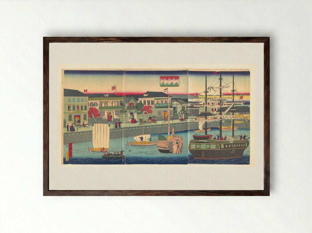 View of the Seafront in Yokohama - Utagawa Hiroshige III - Framed Print Dark Wood