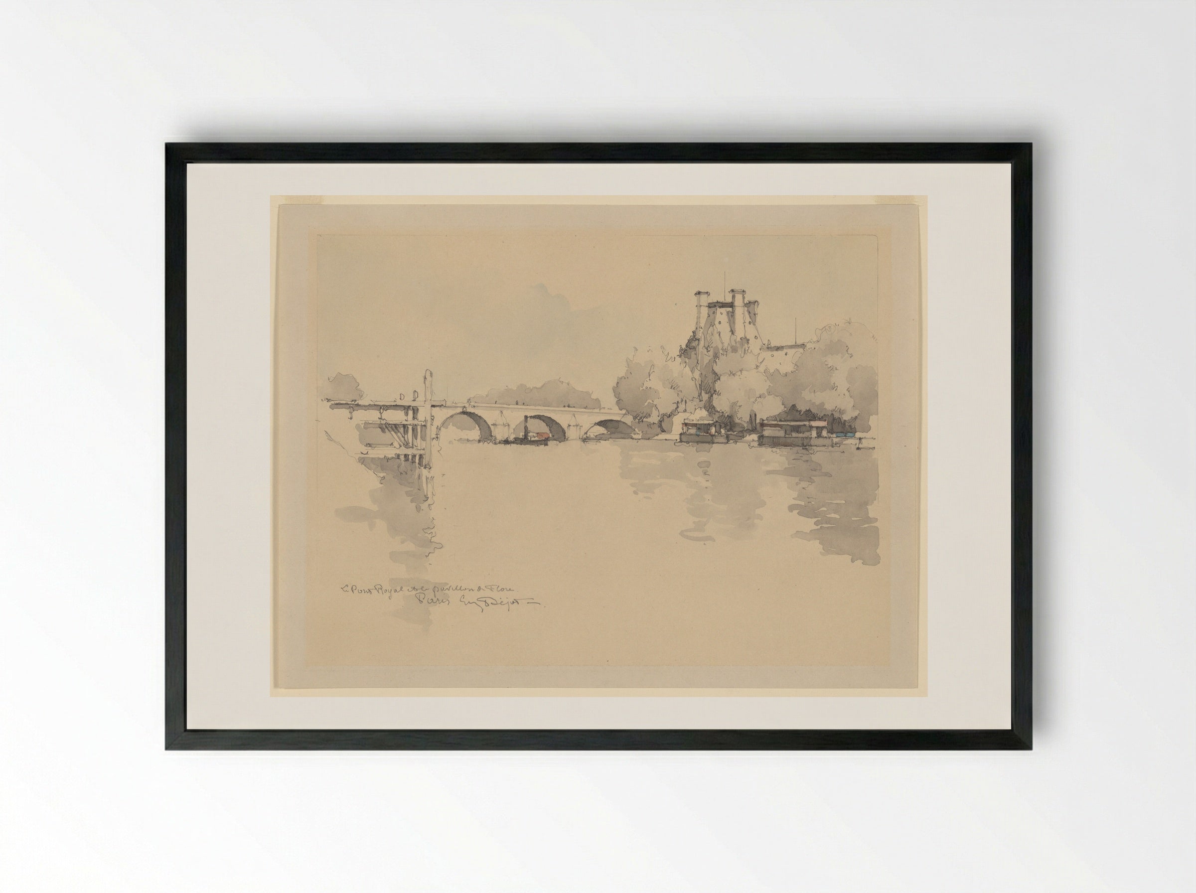 View of the Seine, near the Pont Royal and Pavillon de Flore - Eugène Béjot - Framed Print Black