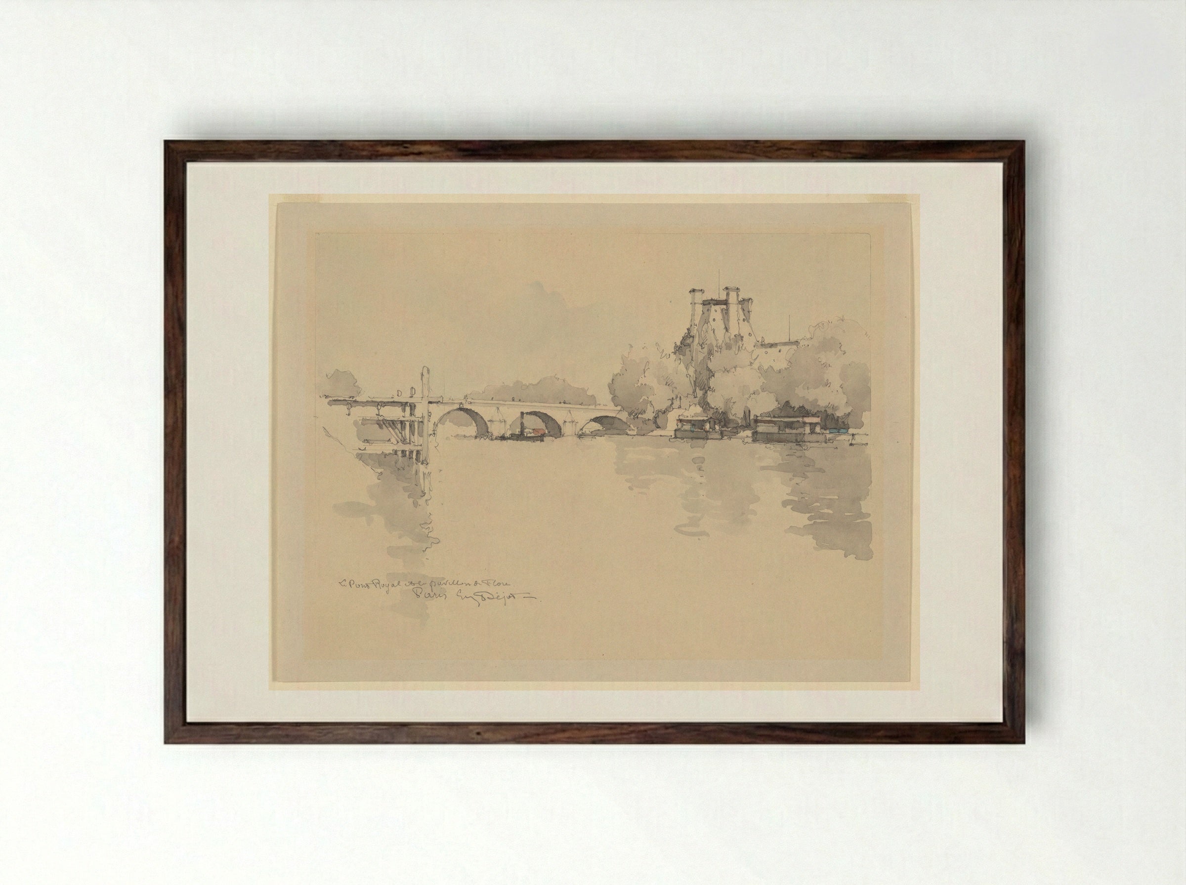 View of the Seine, near the Pont Royal and Pavillon de Flore - Eugène Béjot - Framed Print Dark Wood