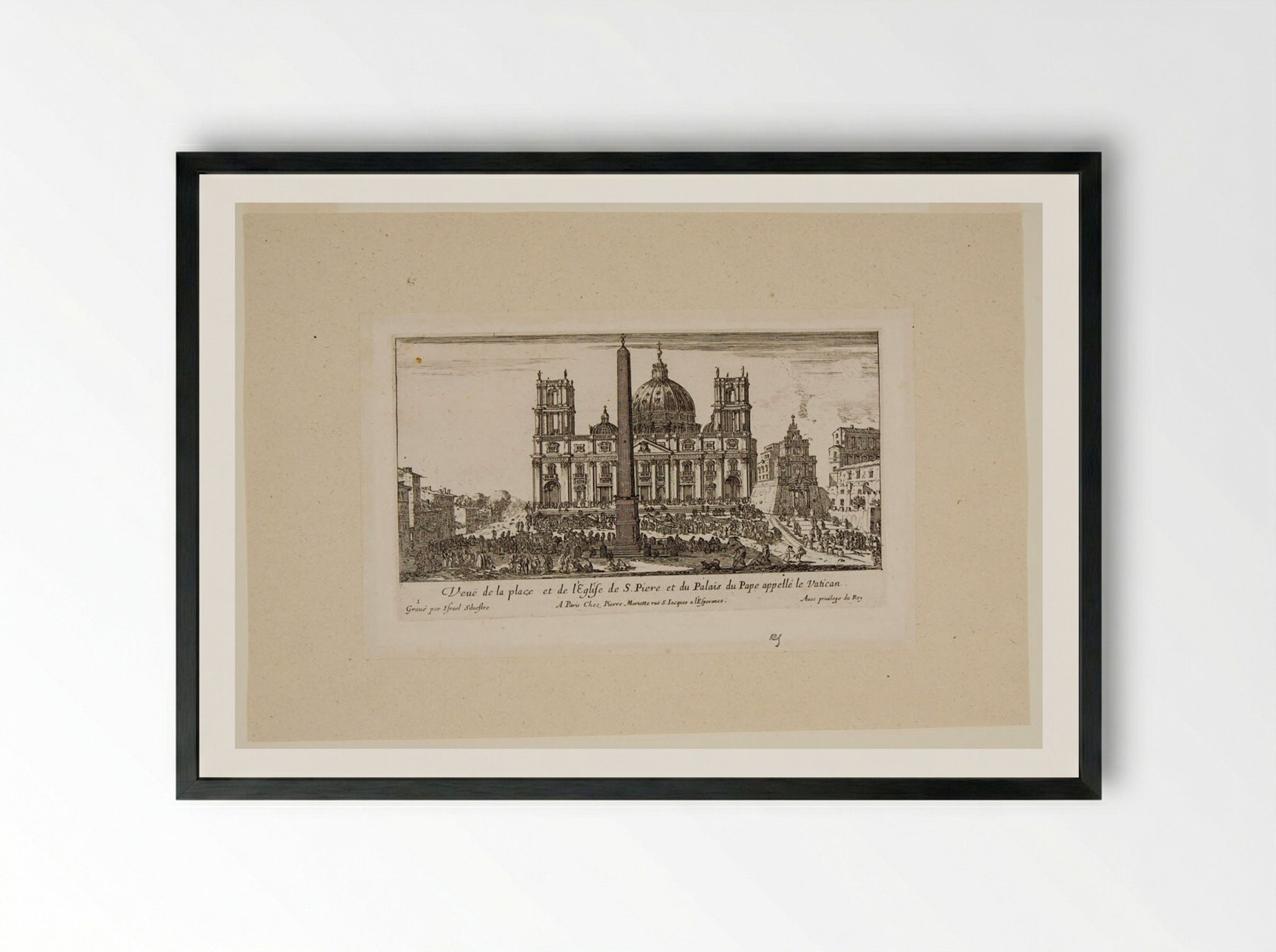 View of the Square and the Church of St. Peter and of the Palace of the Pope called the Vatican - Israël Silvestre - Framed Print Black