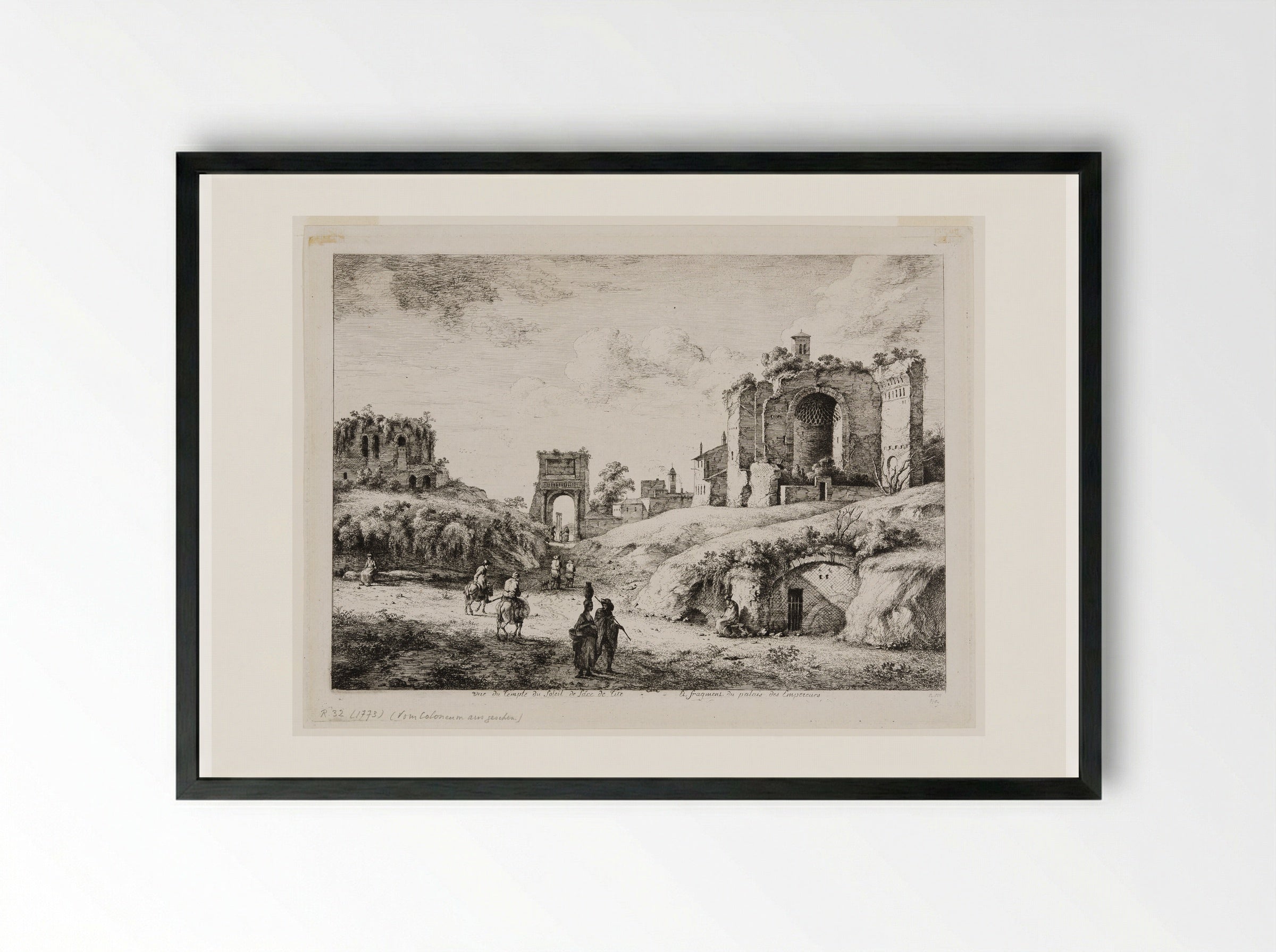 View of the Temple of the Sun, the Arch of Titus, and a Fragment of the Palace of Emperors - Jean-Jacques de Boissieu - Framed Print Black