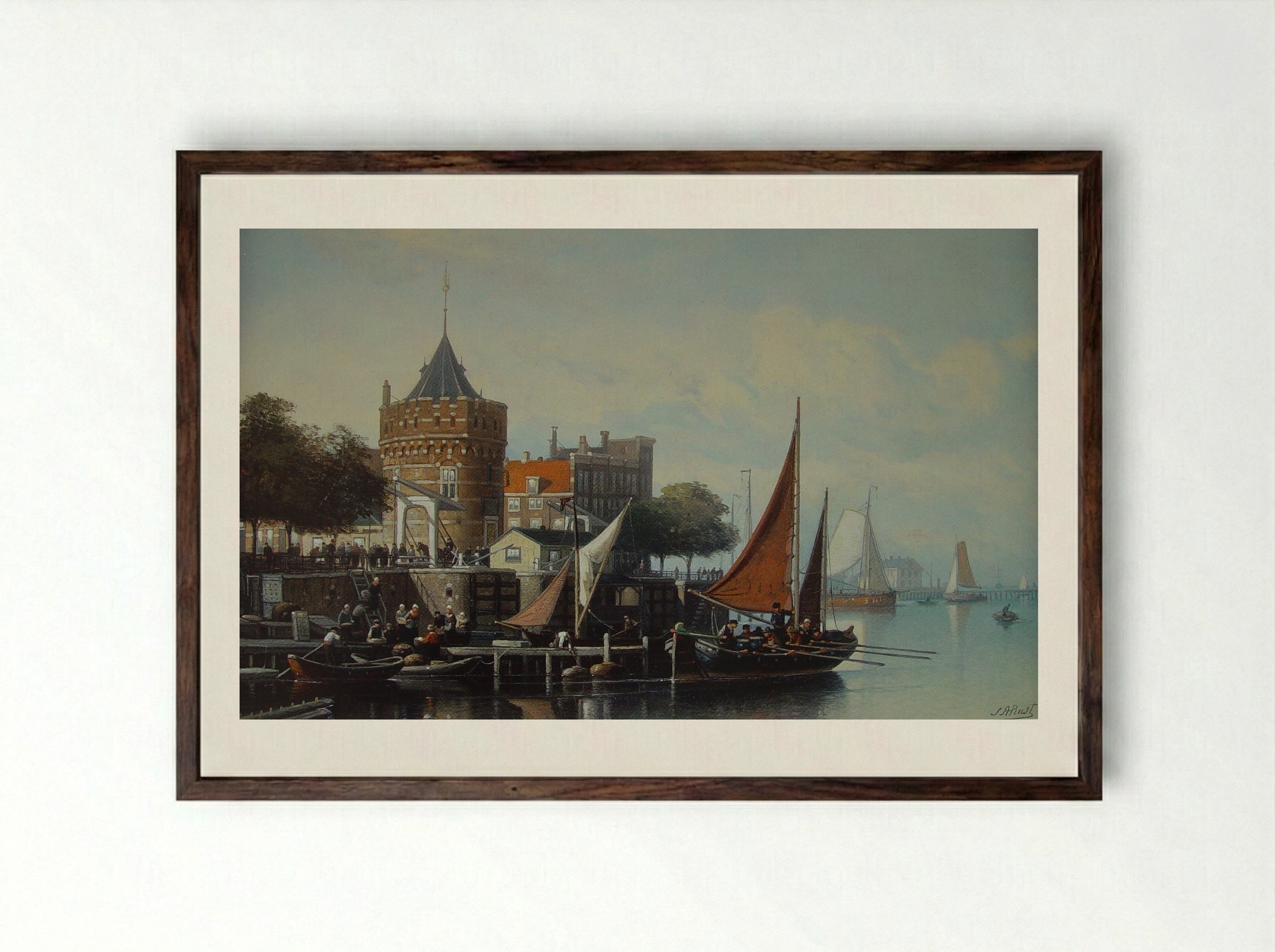 View of the Waag at Amsterdam - Johan Adolph Rust - Framed Print Dark Wood