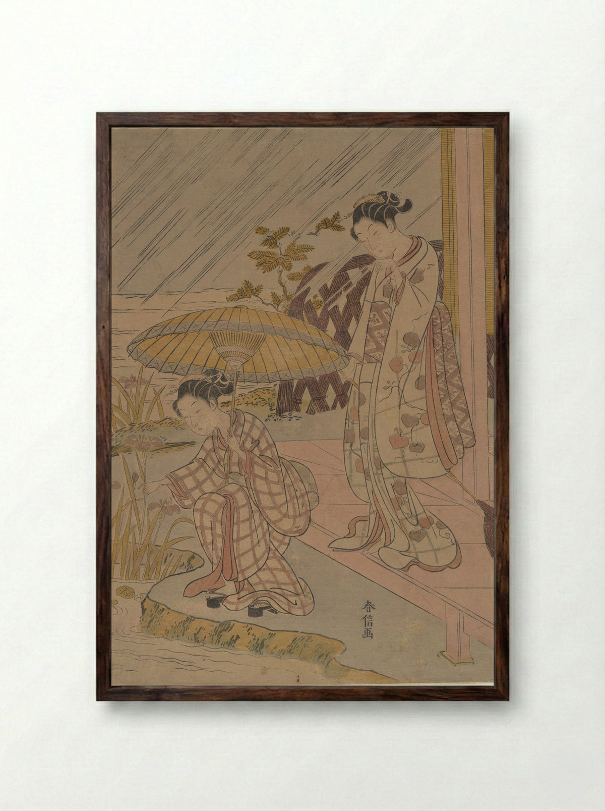 Viewing Iris in the Rain - Suzuki Harunobu - Framed Print Dark Wood