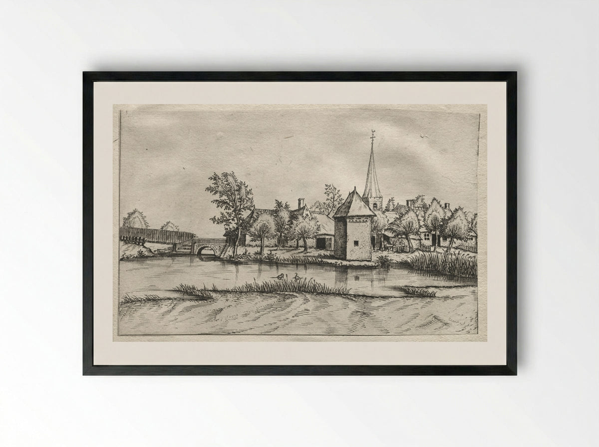 Views of Villages in Brabant and Campine: A Moated Village - Master of the Small Landscapes - Framed Print Black