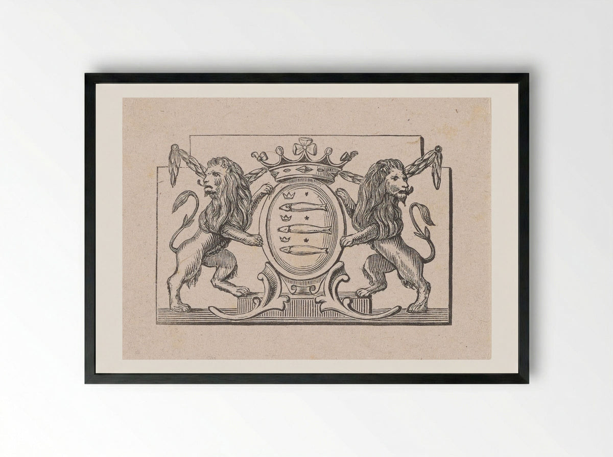 Vignet met een wapen met daarop drie vissen en drie kronen - Isaac Weissenbruch - Framed Print Black