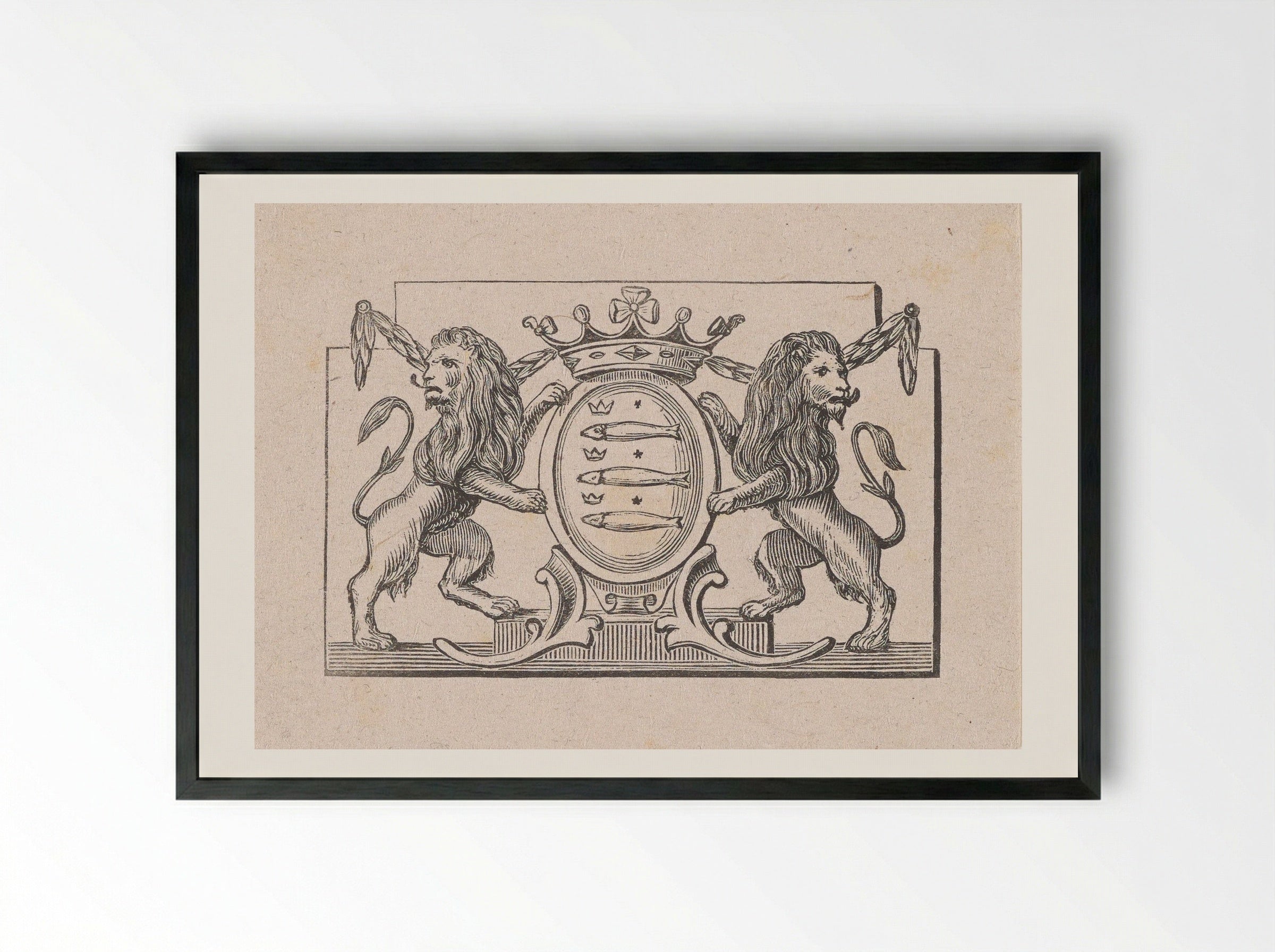 Vignet met een wapen met daarop drie vissen en drie kronen - Isaac Weissenbruch - Framed Print Black
