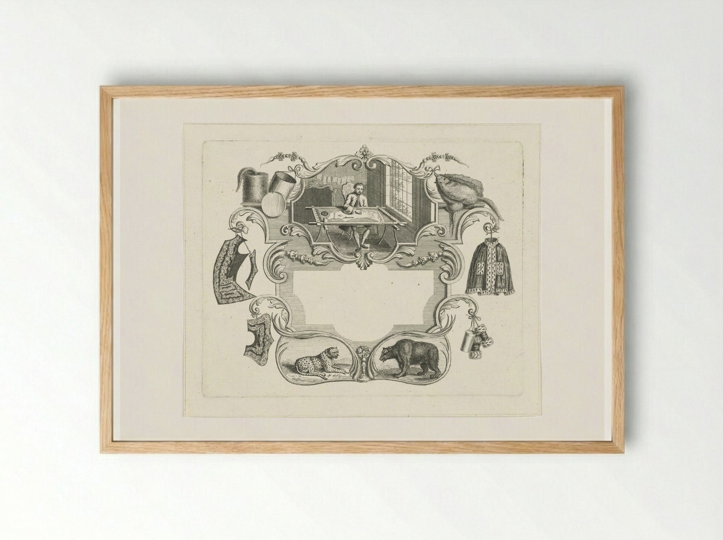 Vignet met kleermaker in cartouche - Abraham Delfos - Framed Print Wood