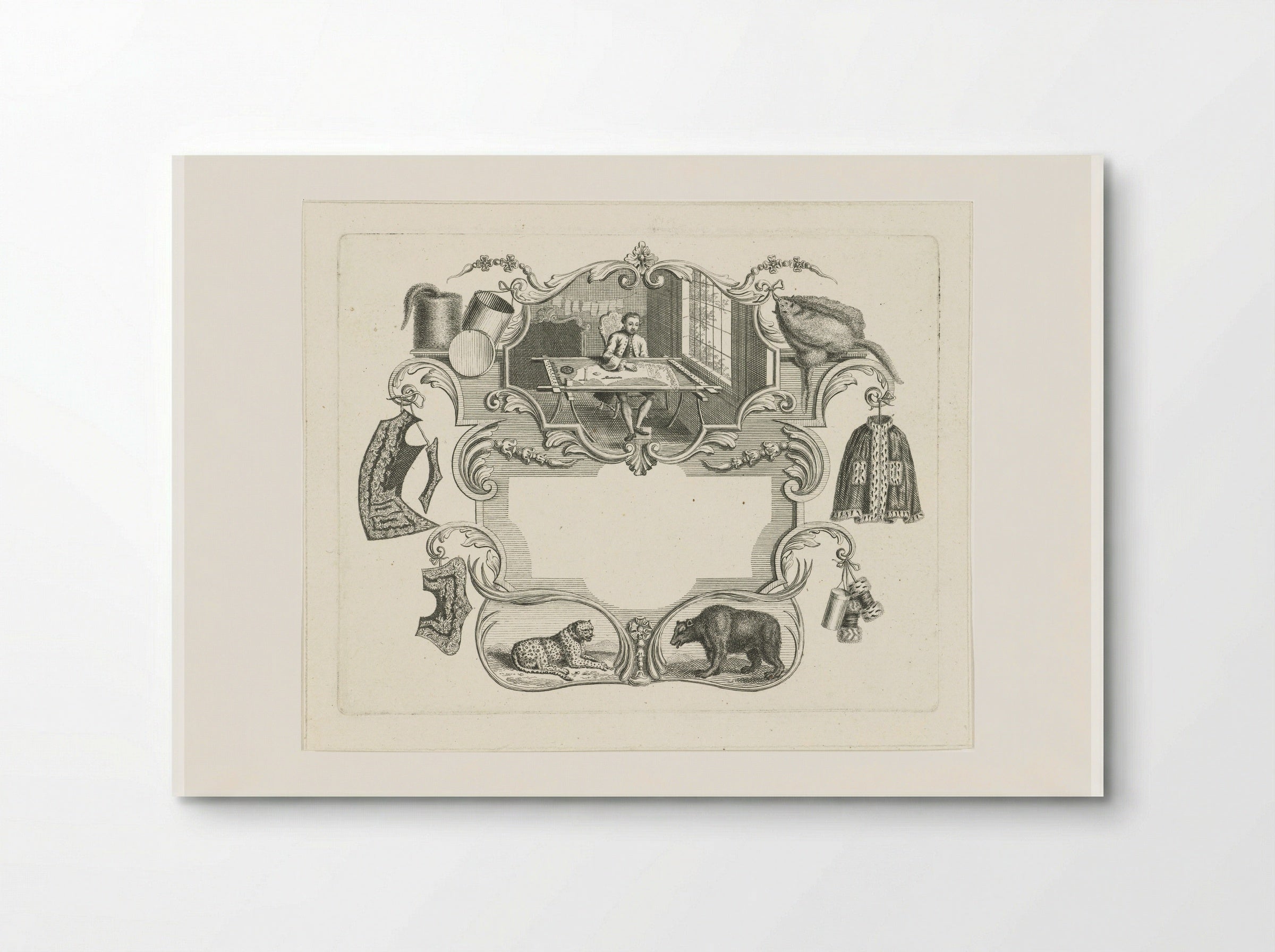 Vignet met kleermaker in cartouche - Abraham Delfos - Poster