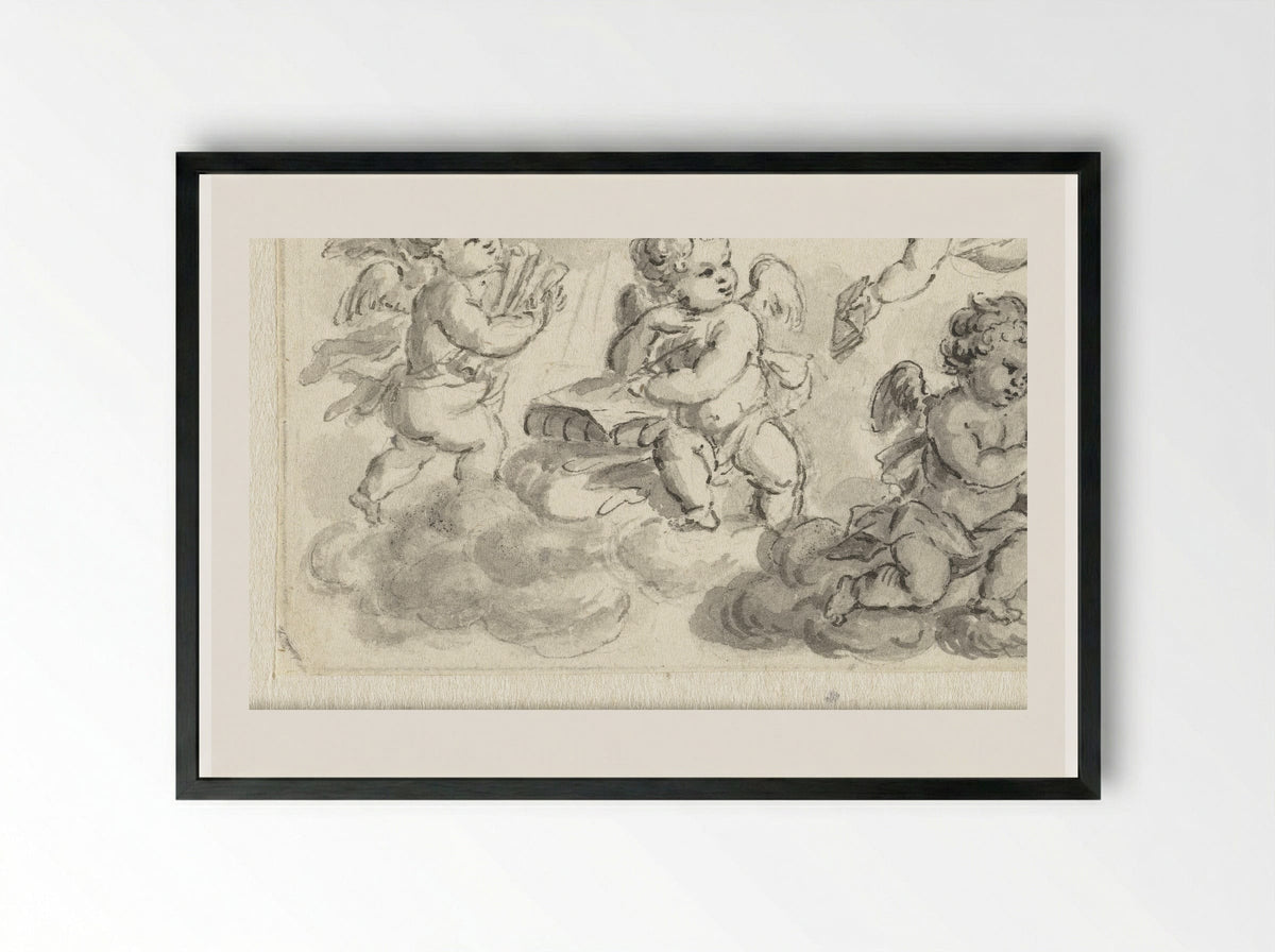 Vignet van putti op wolken met boeken - Abraham Delfos - Framed Print Black