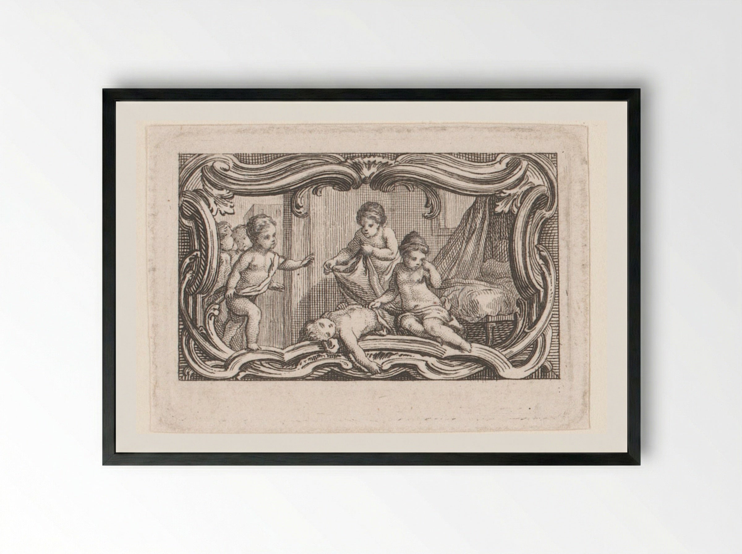 Vignette with Putti Covering a Sleeping Putto - Jacques-Philippe Le Bas - Framed Print Black