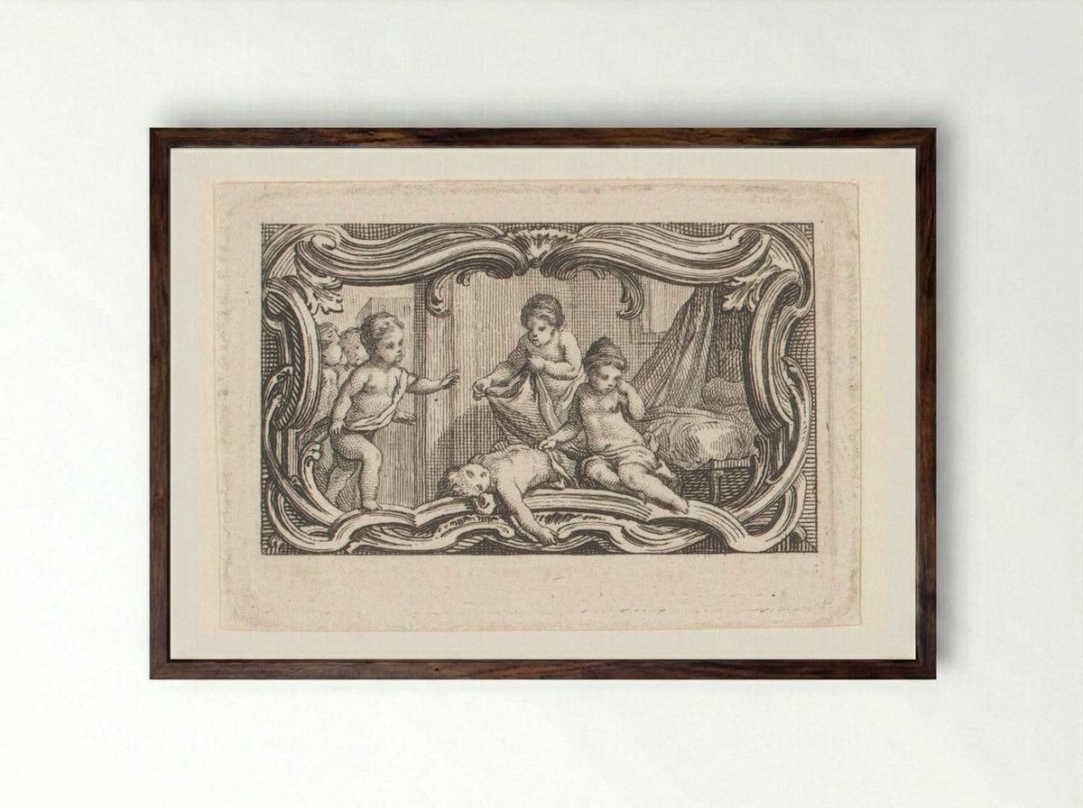 Vignette with Putti Covering a Sleeping Putto - Jacques-Philippe Le Bas - Framed Print Dark Wood
