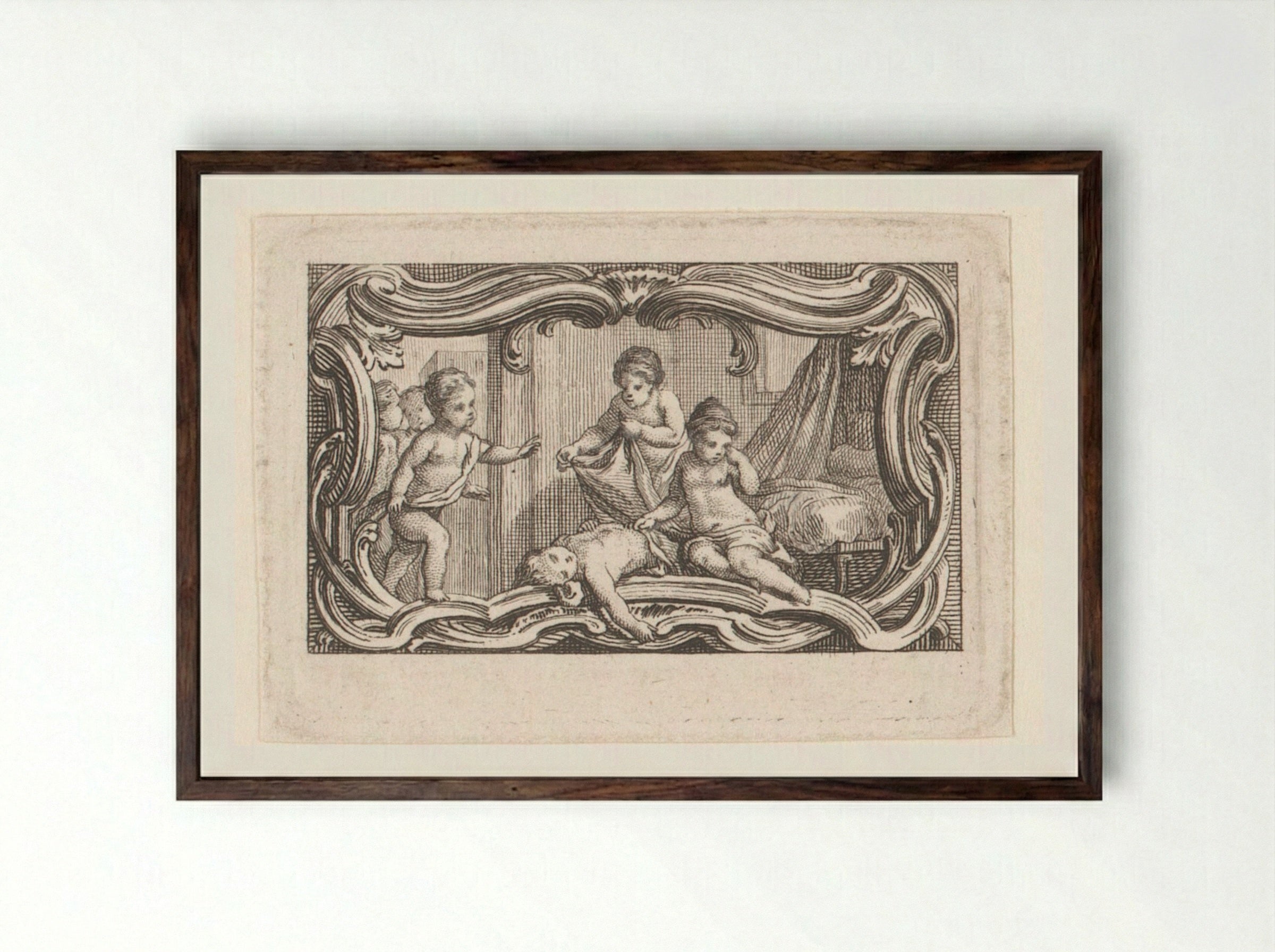 Vignette with Putti Covering a Sleeping Putto - Jacques-Philippe Le Bas - Framed Print Dark Wood