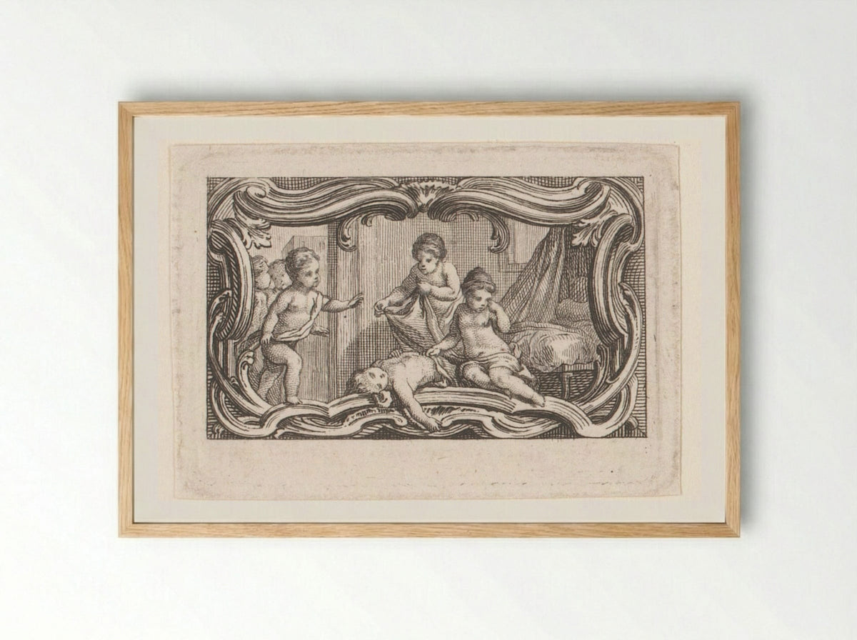 Vignette with Putti Covering a Sleeping Putto - Jacques-Philippe Le Bas - Framed Print Wood