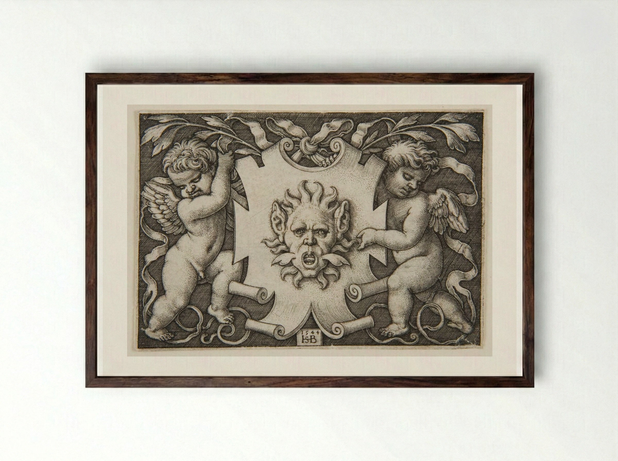 Vignette with a Mask - Sebald Beham - Framed Print Dark Wood