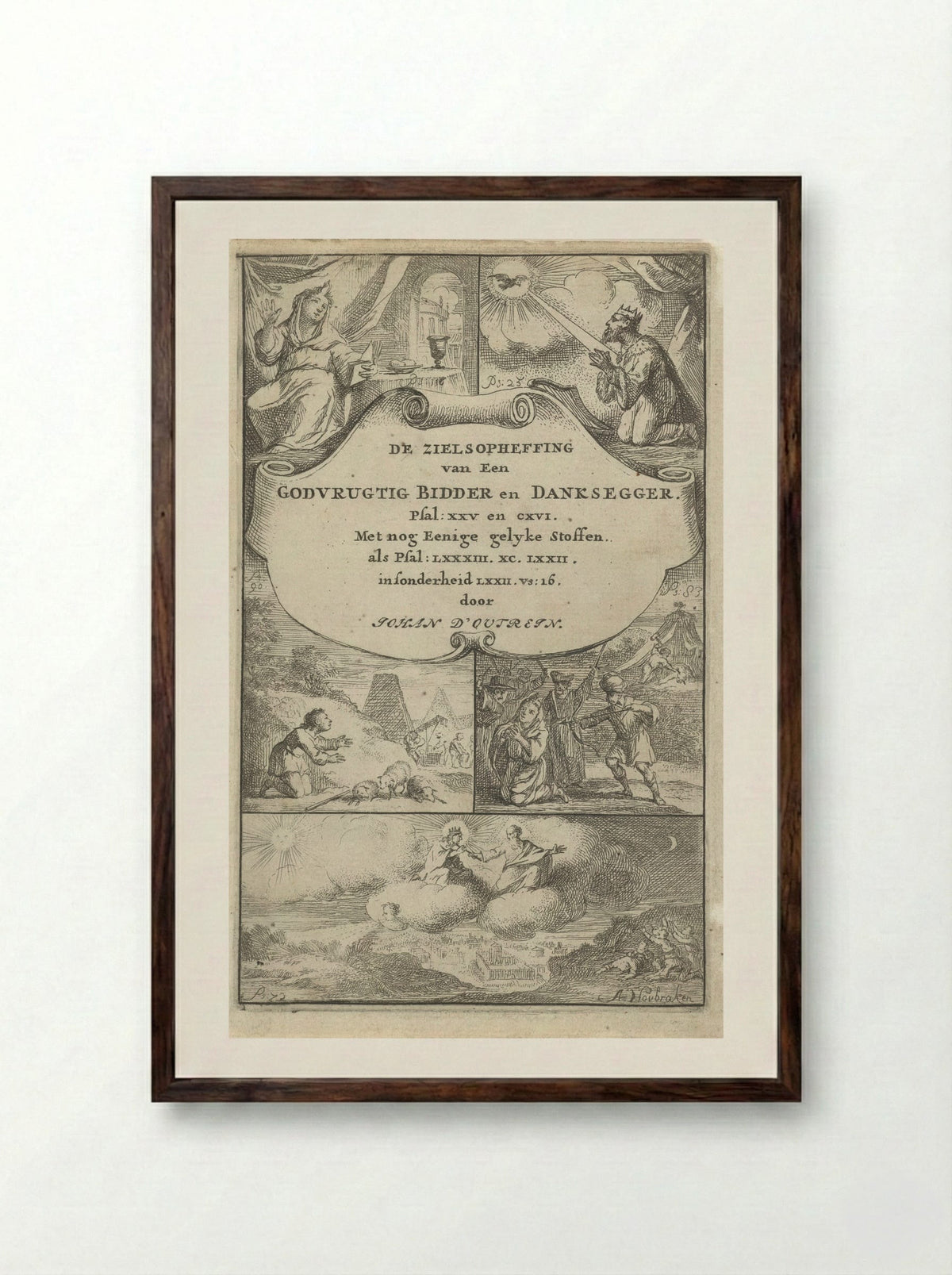 Vijf uitbeeldingen van psalmen - Arnold Houbraken - Framed Print Dark Wood