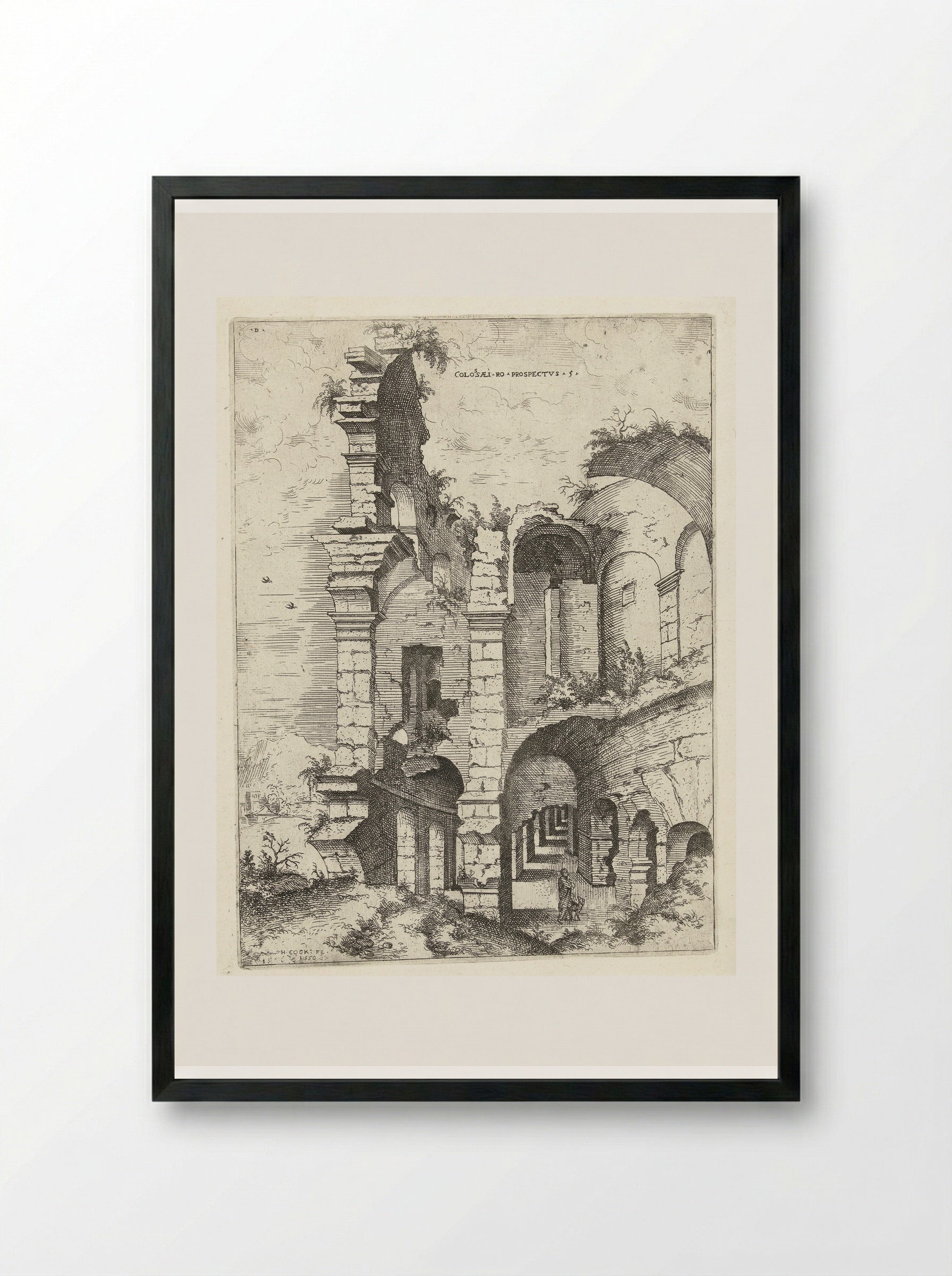 Vijfde gezicht op het Colosseum te Rome - Hieronymus Cock - Framed Print Black