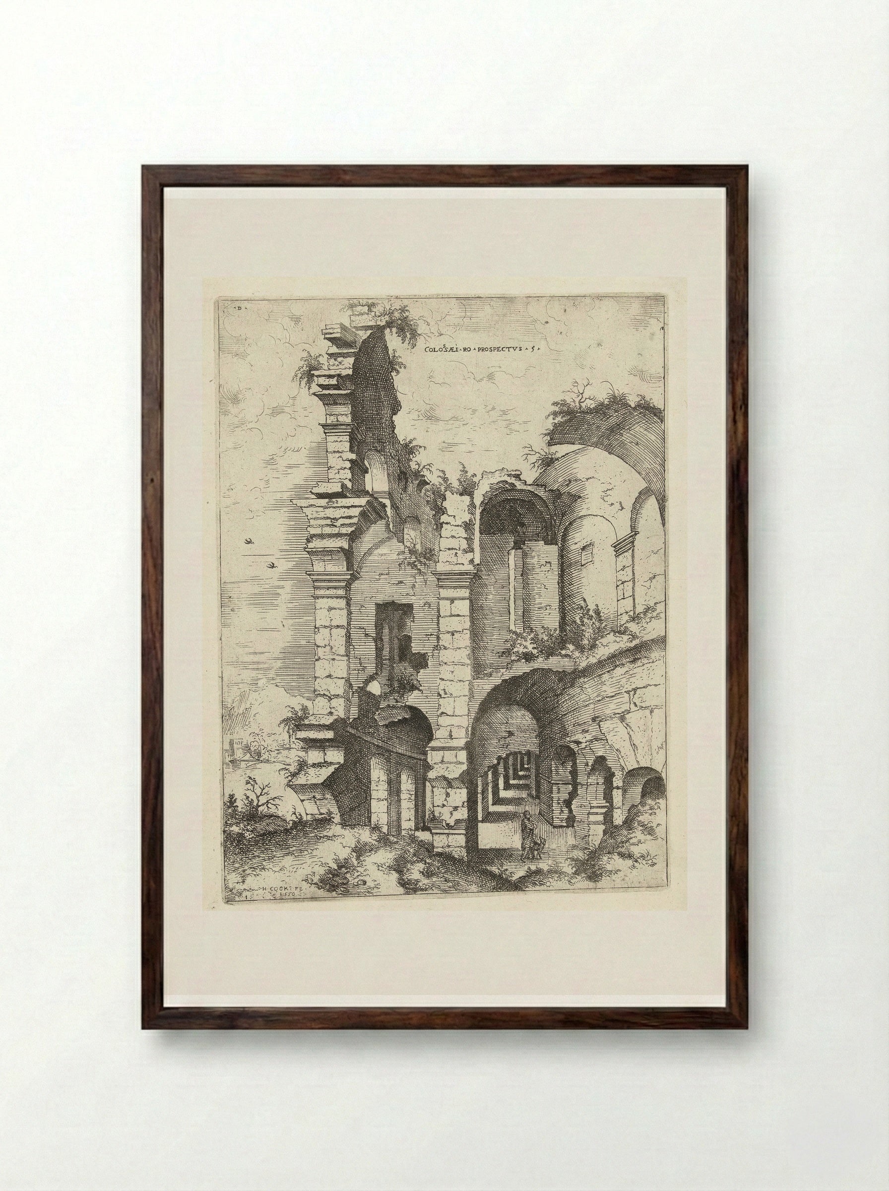 Vijfde gezicht op het Colosseum te Rome - Hieronymus Cock - Framed Print Dark Wood