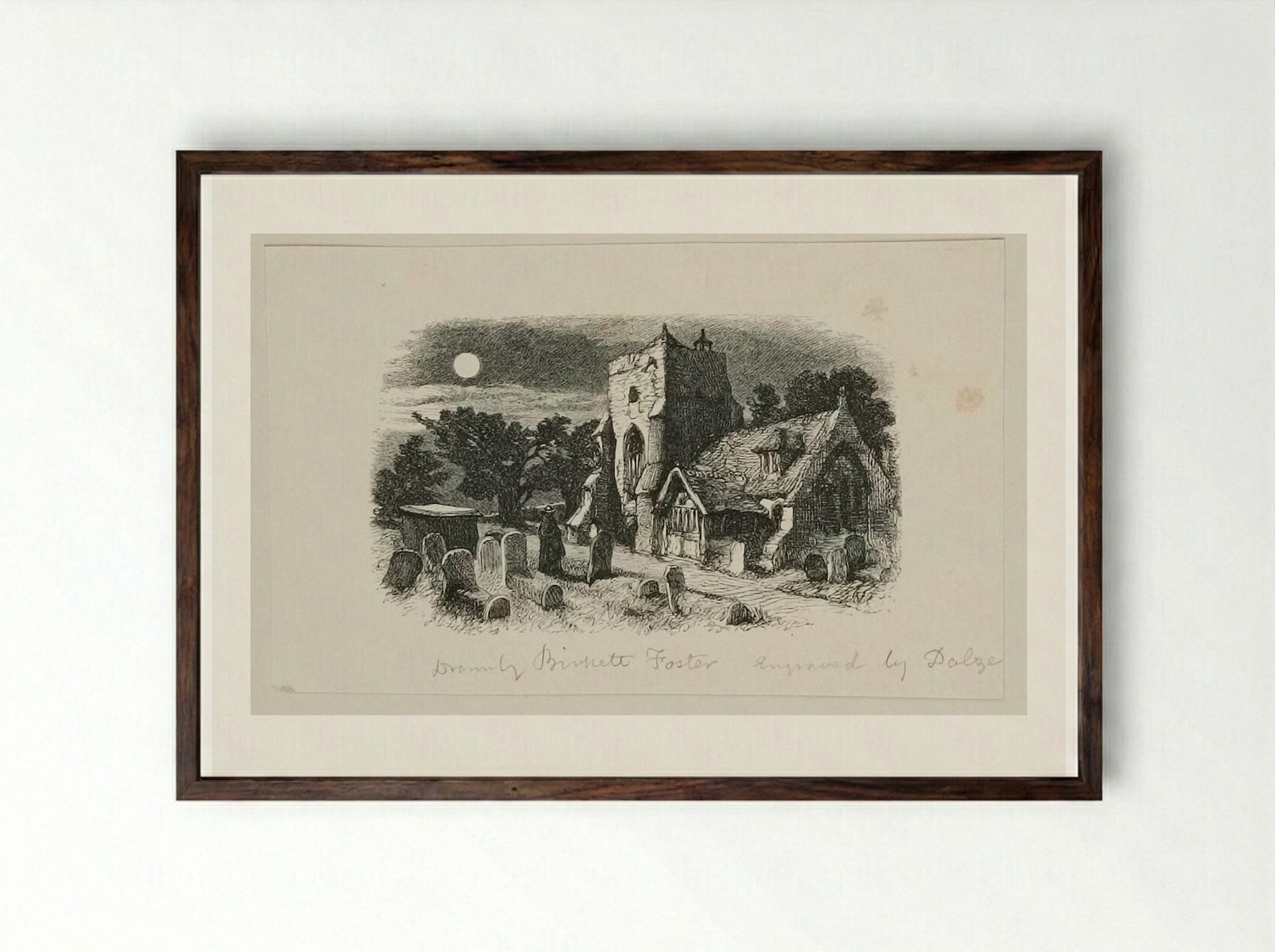 Village Church and Graveyard - Edward Dalziel - Framed Print Dark Wood