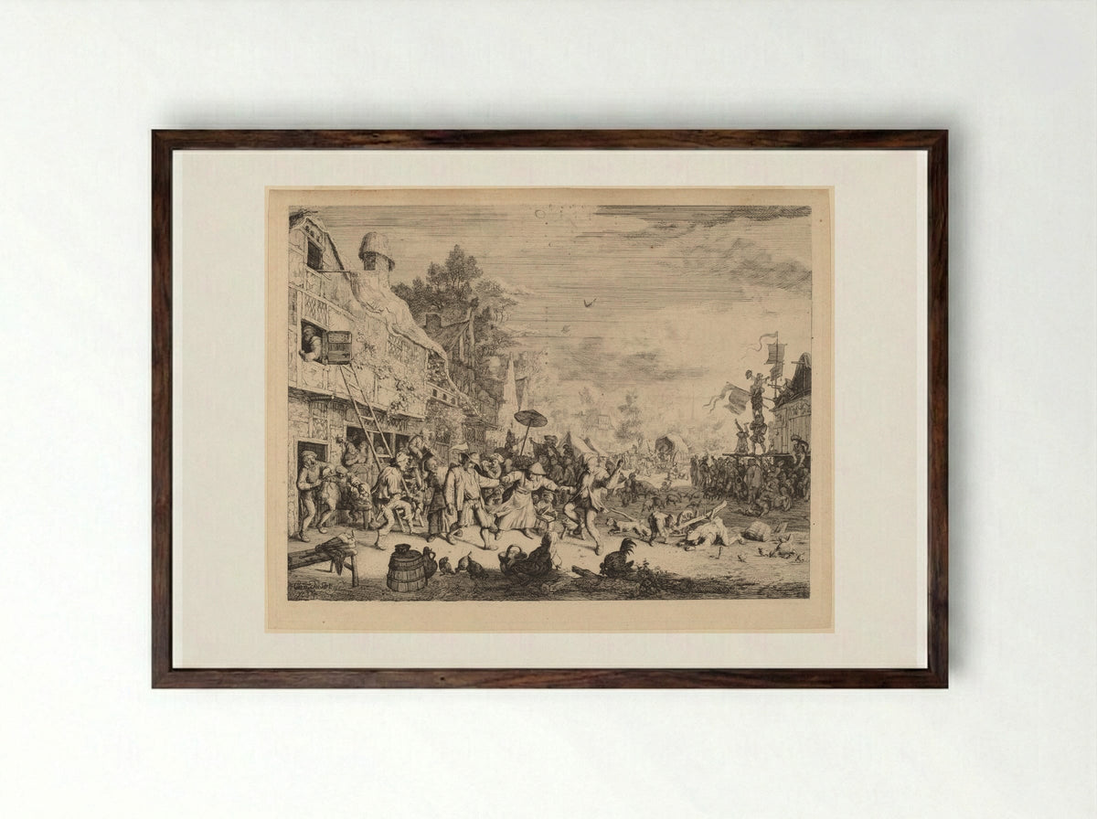 Village Festival - Cornelis Dusart - Framed Print Dark Wood