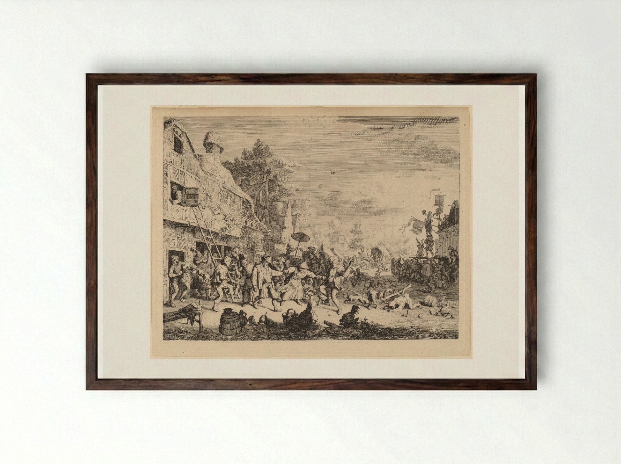 Village Festival - Cornelis Dusart - Framed Print Dark Wood