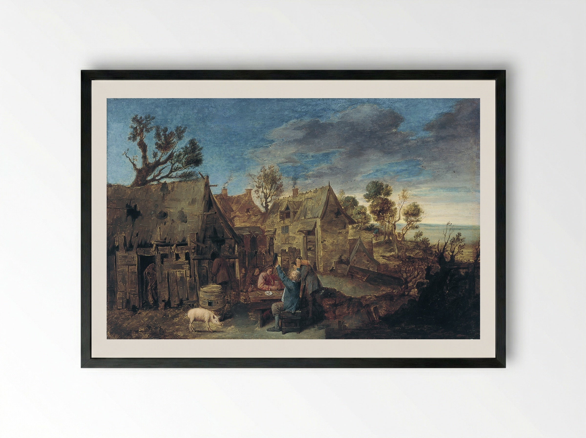 Village Scene with Men Drinking - Adriaen Brouwer - Framed Print Black
