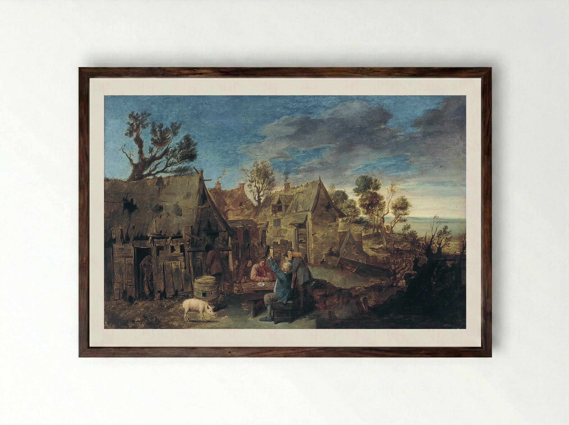Village Scene with Men Drinking - Adriaen Brouwer - Framed Print Dark Wood