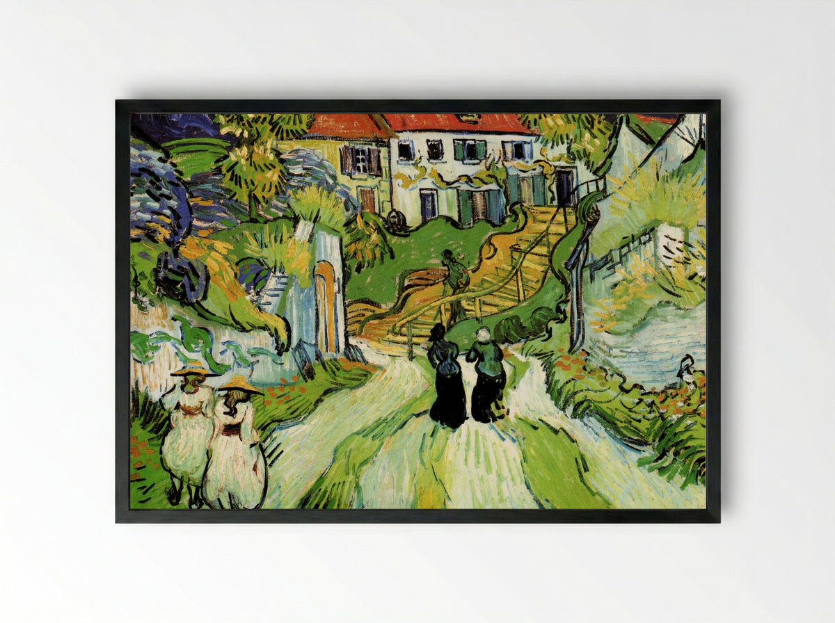 Village Street and Steps in Auvers with Figures - Vincent van Gogh - Framed Print Black