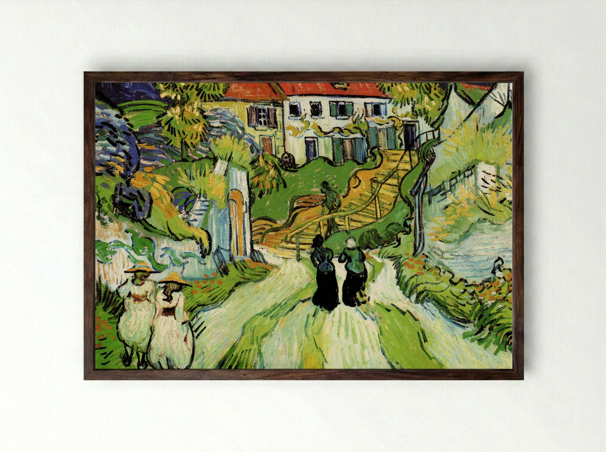 Village Street and Steps in Auvers with Figures - Vincent van Gogh - Framed Print Dark Wood