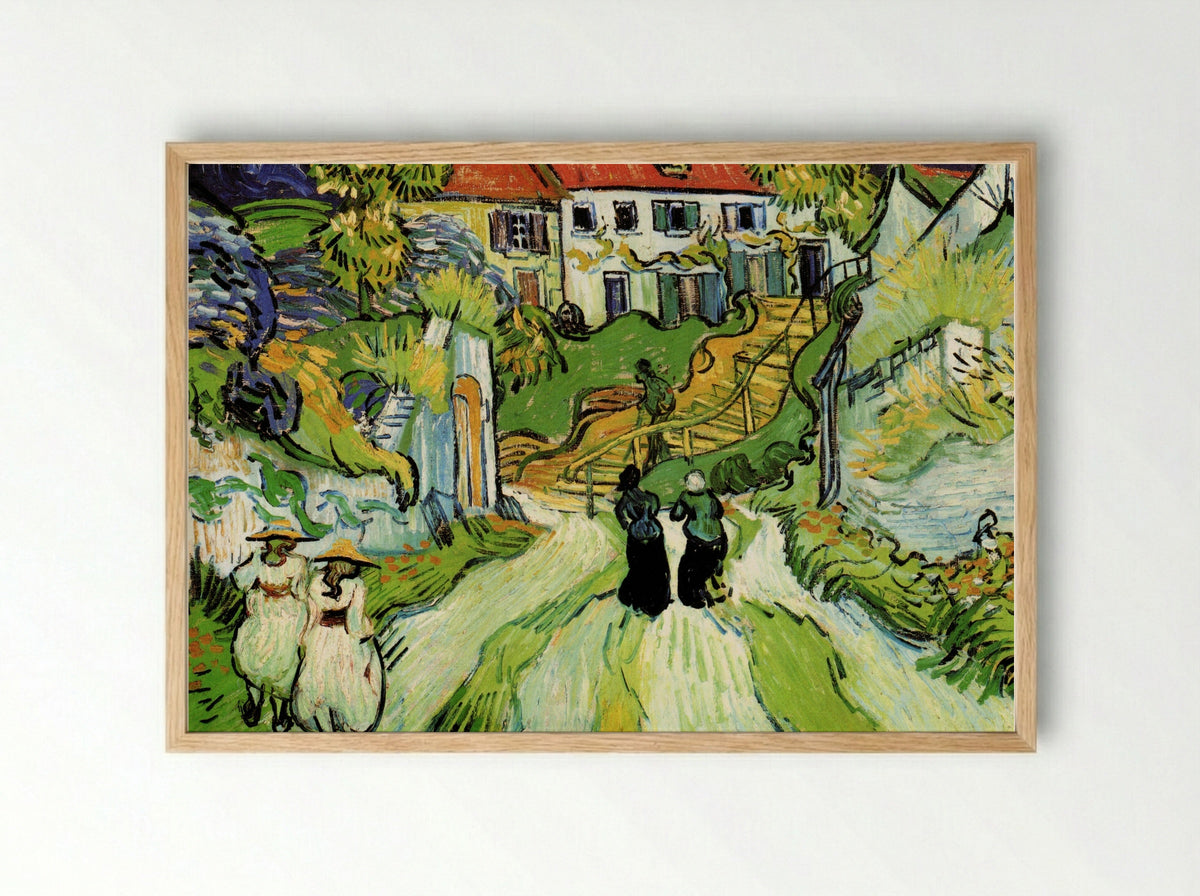 Village Street and Steps in Auvers with Figures - Vincent van Gogh - Framed Print Wood