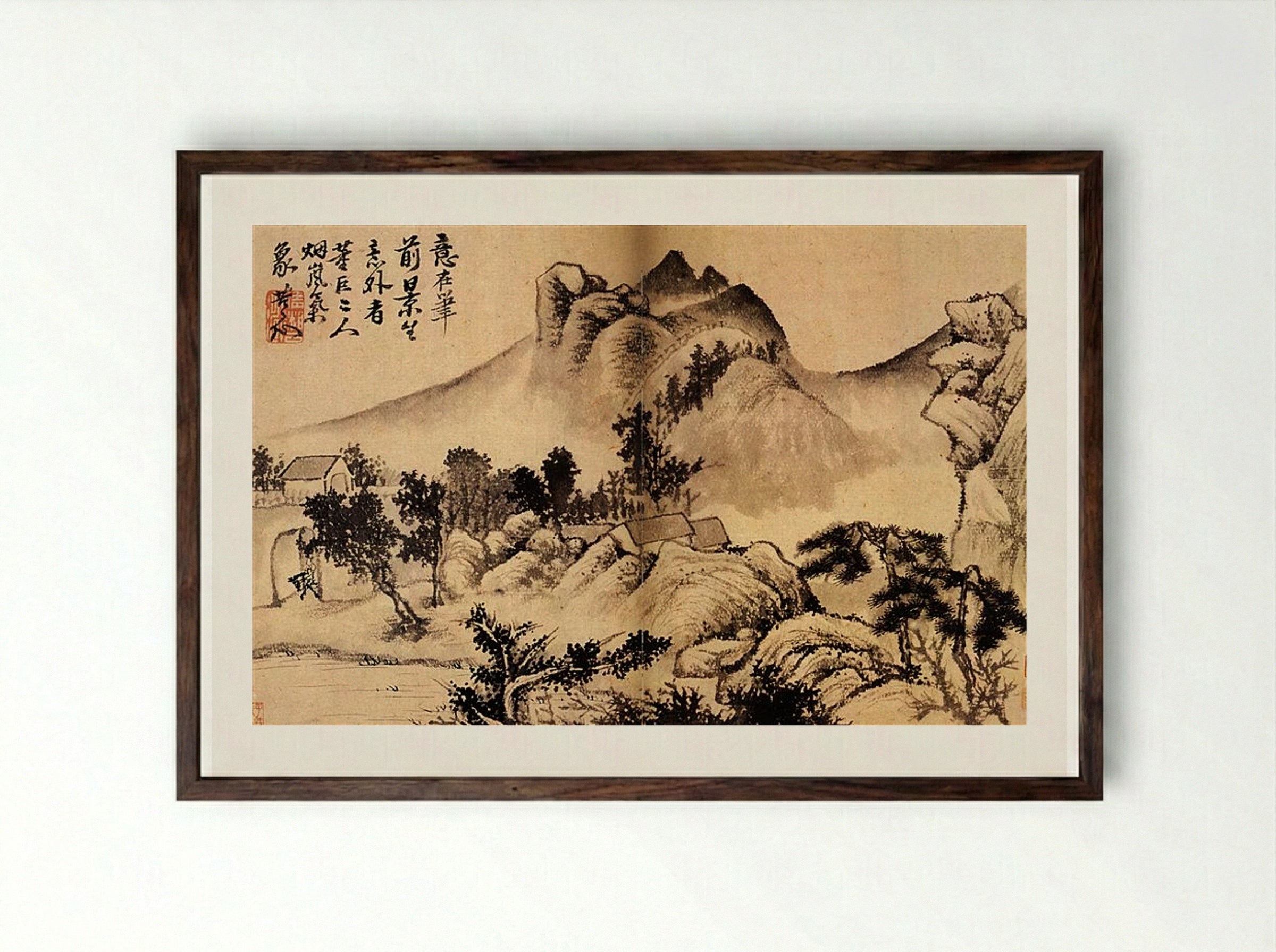 Village at the foot of the mountains - Shitao - Framed Print Dark Wood