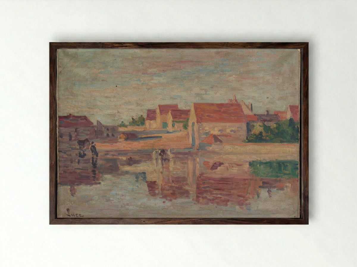 Village au bord d'une rivière - Maximilien Luce - Framed Print Dark Wood